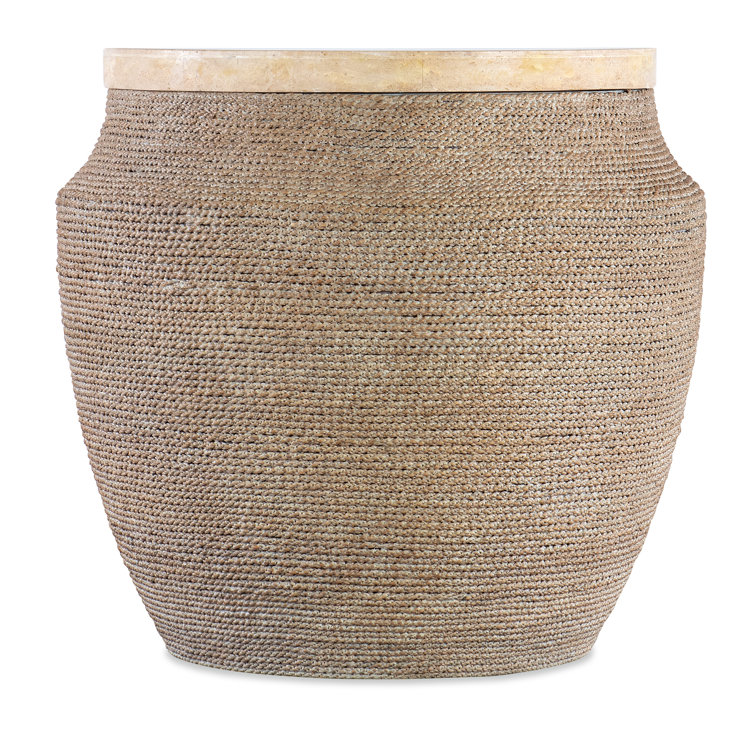 Beige and Brown Round Rope-Wrapped Stone End Table