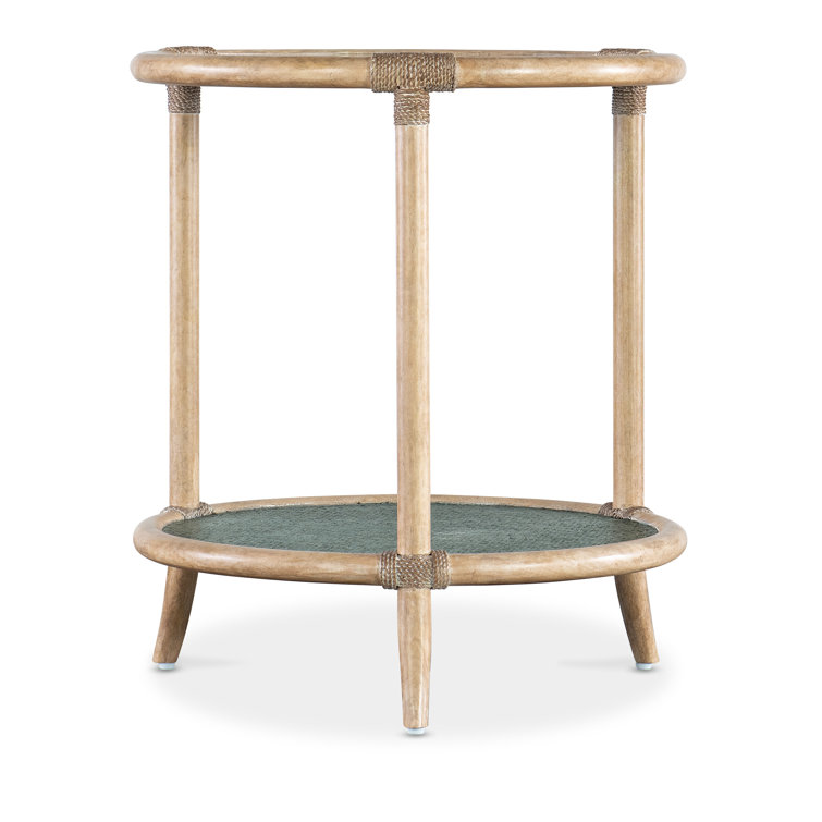 Round Beige and Green Wood and Glass End Table