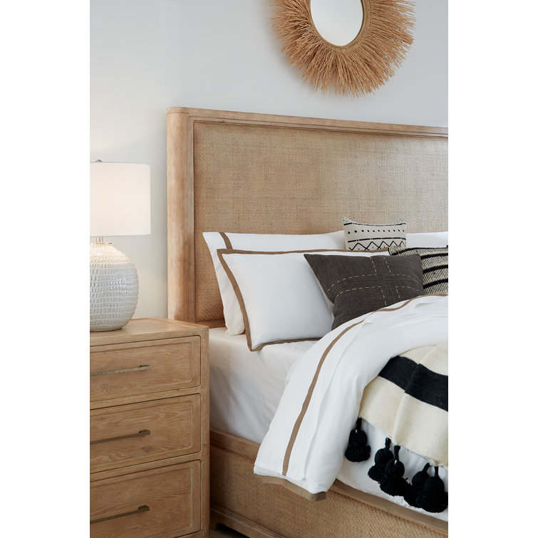 Beige King Wood Frame Panel Bed with Upholstered Headboard