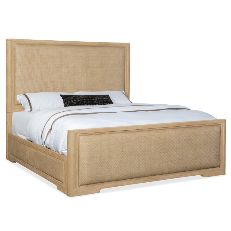 Beige King Wood Frame Panel Bed with Upholstered Headboard