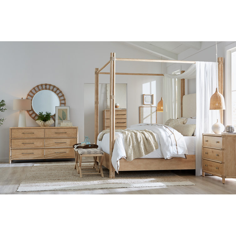 Beige Upholstered California King Canopy Bed with Wood Frame