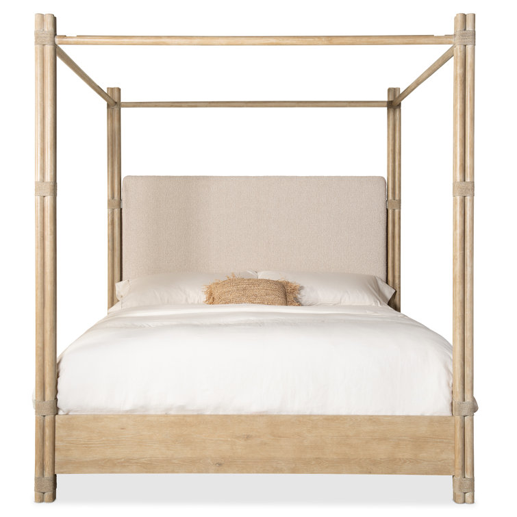 Beige Upholstered California King Canopy Bed with Wood Frame