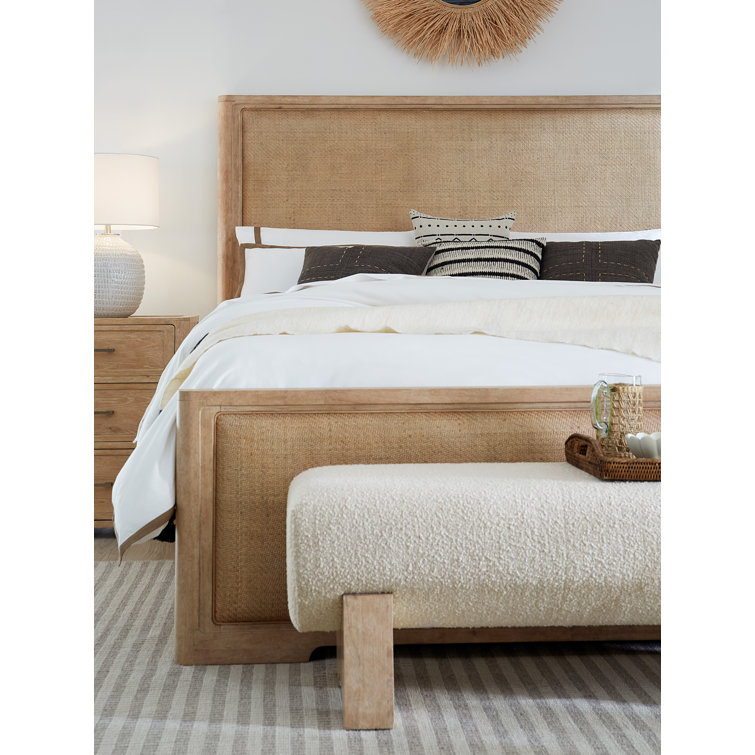 Beige King Wood Frame Panel Bed with Upholstered Headboard