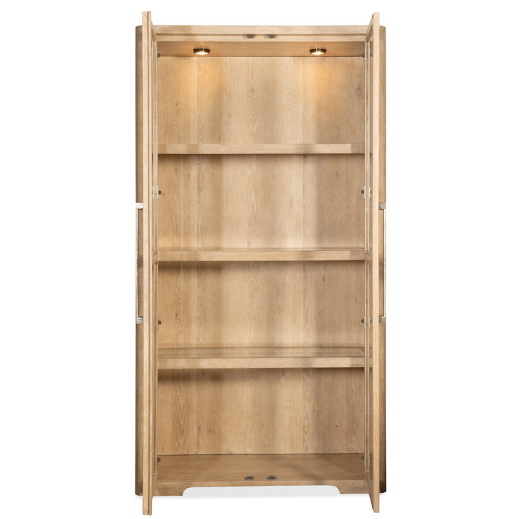 Beige Oak Veneer Lighted Display Cabinet with Glass Doors