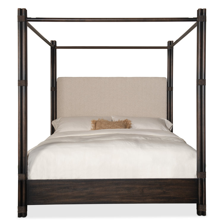 California King Dark Wood and Cream Upholstered Canopy Bed