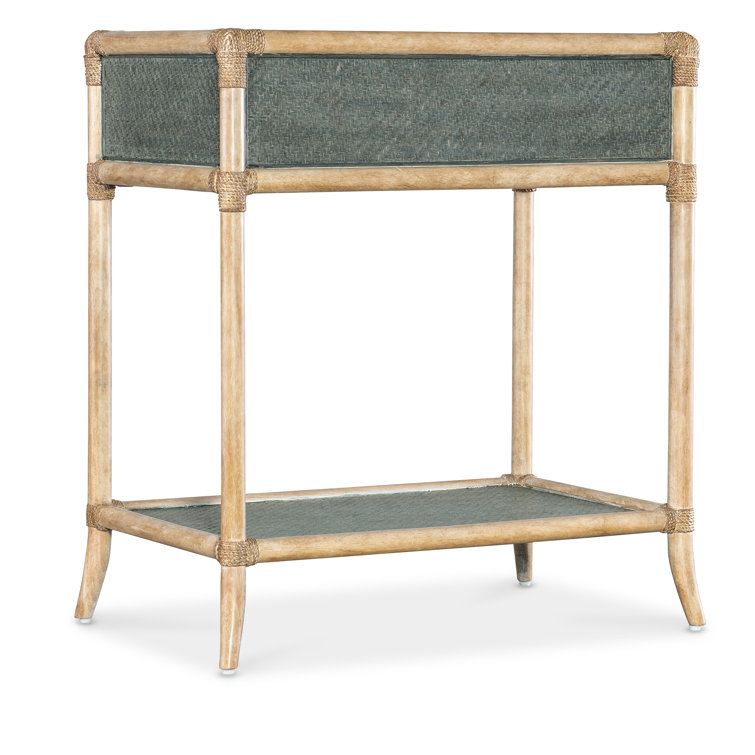 Beige and Green Rattan 1-Drawer Nightstand with Glass Top