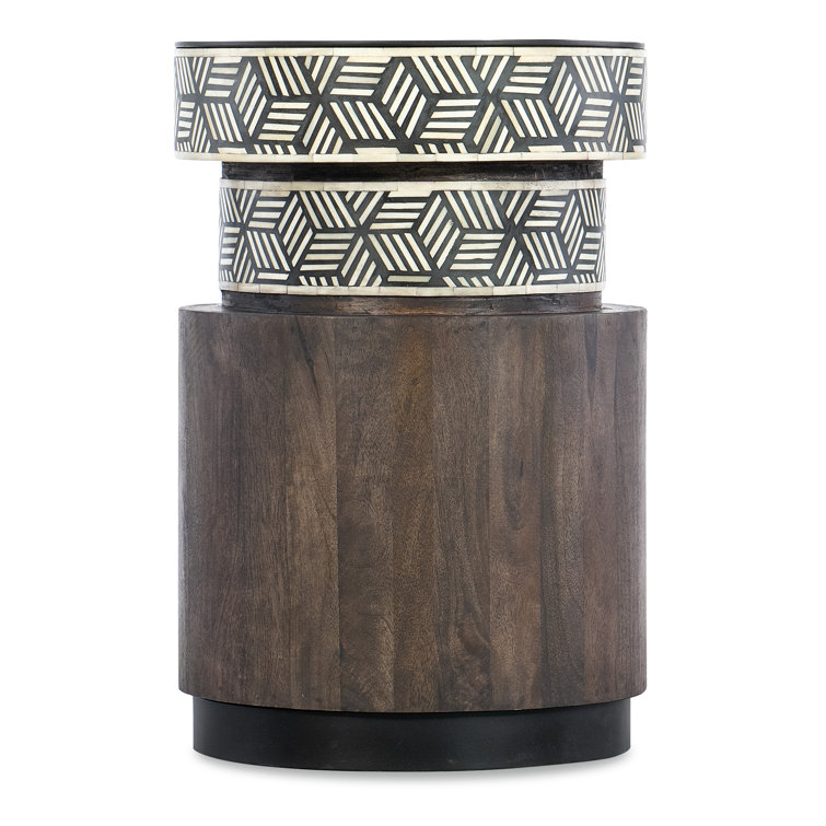 Round Black and Brown Wood Stone End Table