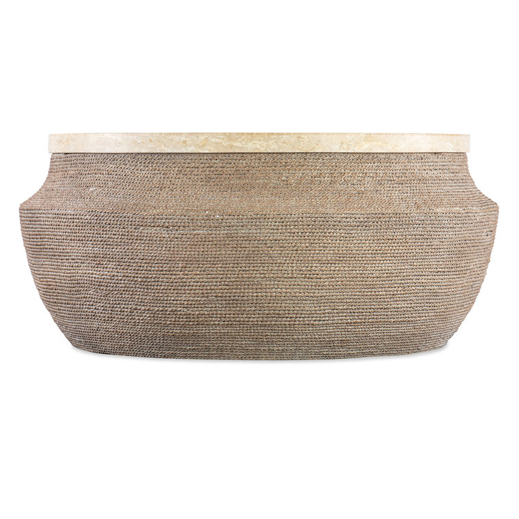Beige and Brown Round Wood Cocktail Table with Storage