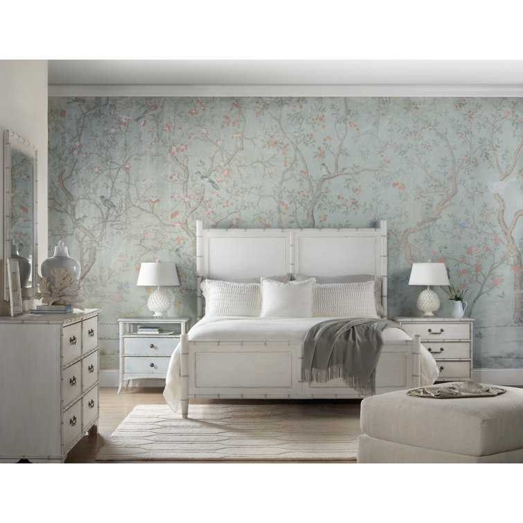 White Coastal King Panel Bed with Wood Frame