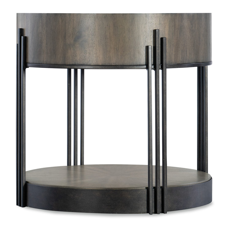 Round Brown Wood and Metal Transitional End Table