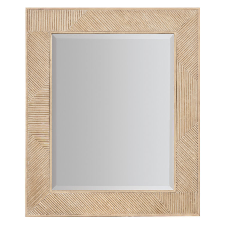 Beige Rectangular Wood and Leather Bathroom Mirror