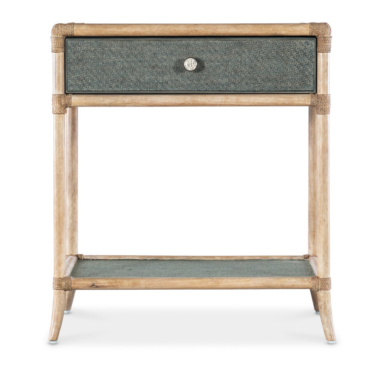 Beige and Green Rattan 1-Drawer Nightstand with Glass Top