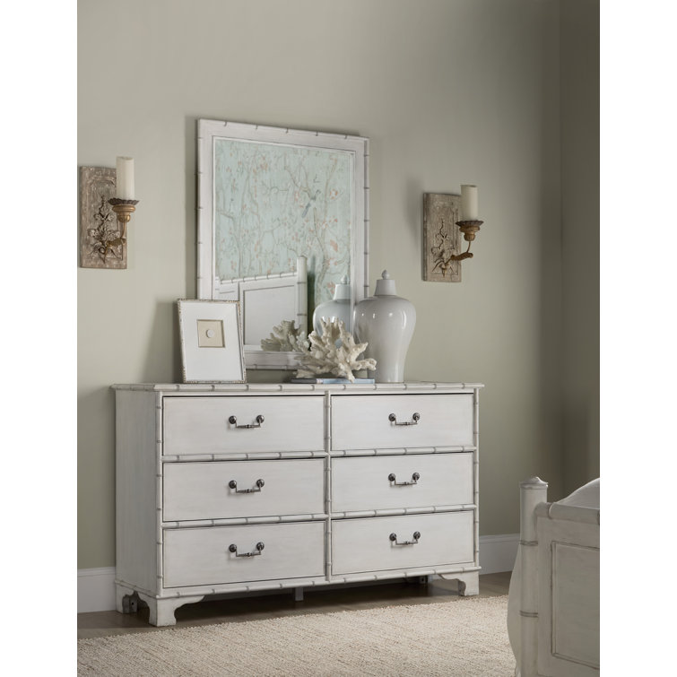 White Coastal 6-Drawer Dresser with Bamboo-Motif Trim
