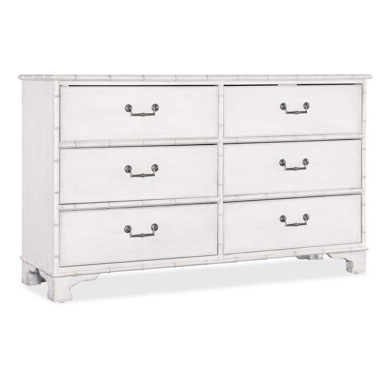 White Coastal 6-Drawer Dresser with Bamboo-Motif Trim
