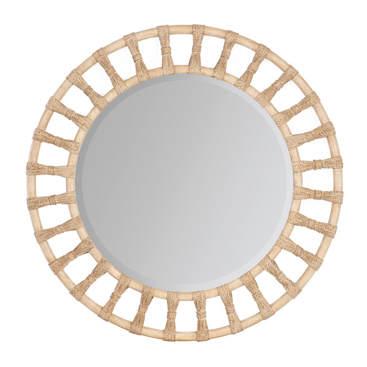 Beige Round Wood and Rope Coastal Wall Mirror