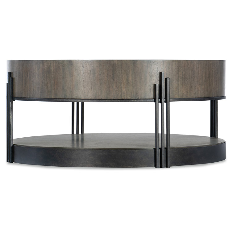Round Brown Wood and Metal Cocktail Table with Storage