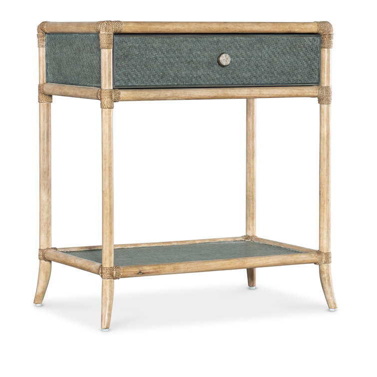 Beige and Green Rattan 1-Drawer Nightstand with Glass Top