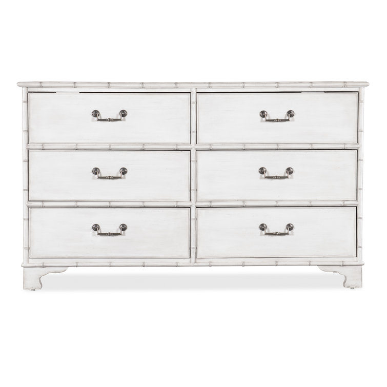 White Coastal 6-Drawer Dresser with Bamboo-Motif Trim