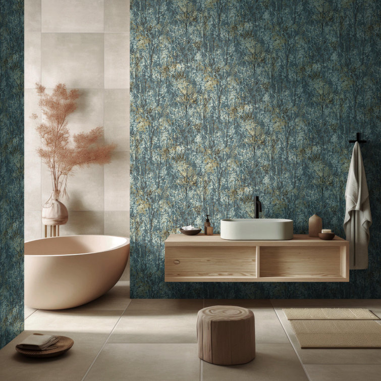 Teal and Beige Non-Pasted Tropical Forest Wallpaper Roll