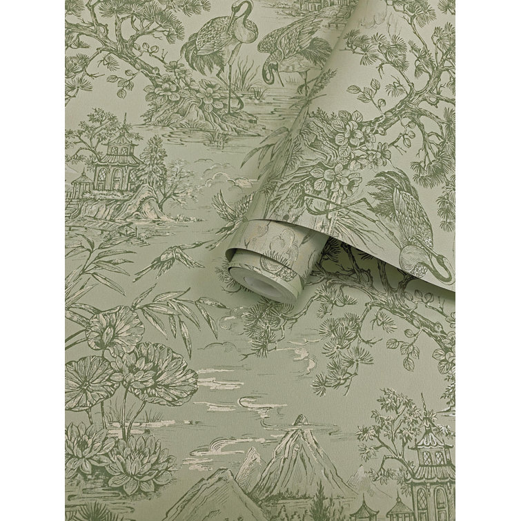 Green Majestic Crane Tropical Print Textured Wallpaper