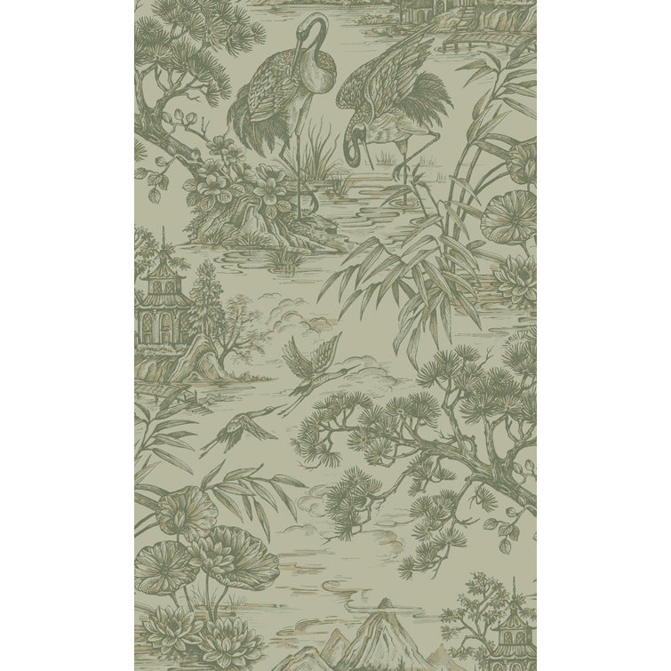 Green Majestic Crane Tropical Print Textured Wallpaper