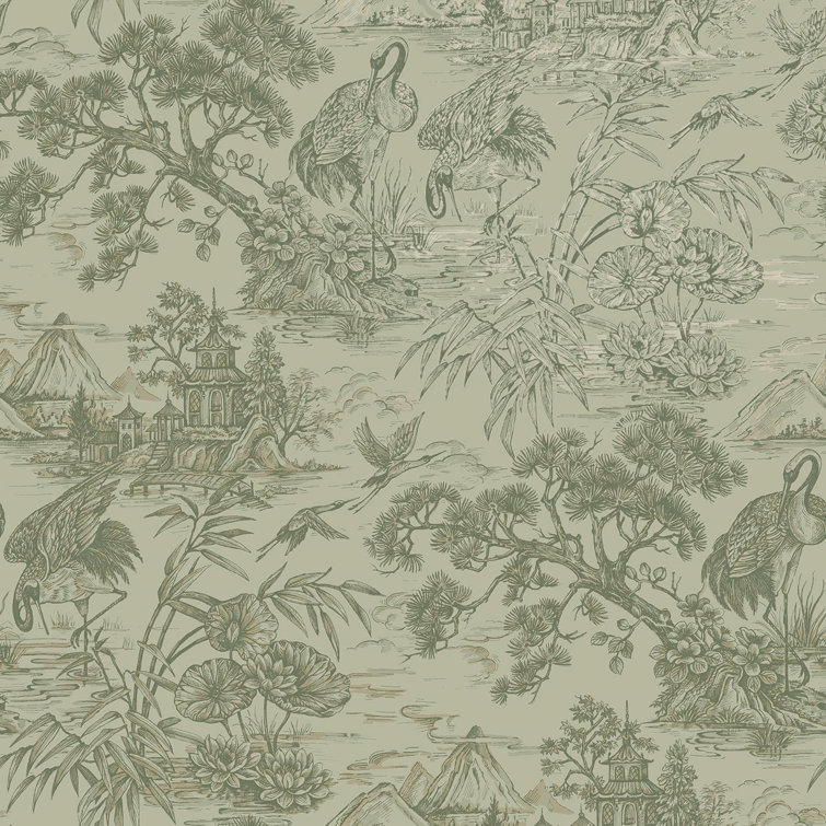 Green Majestic Crane Tropical Print Textured Wallpaper
