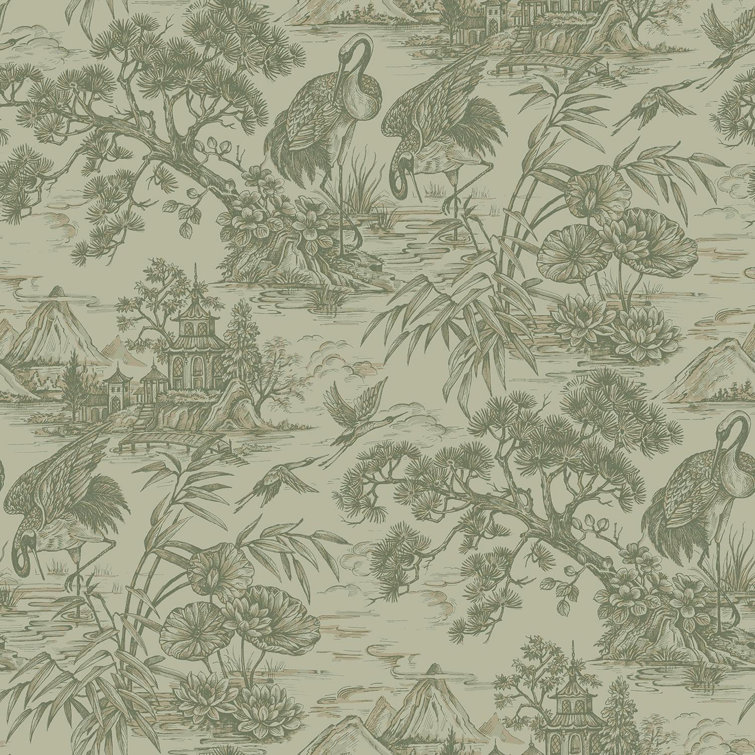 Green Majestic Crane Tropical Print Textured Wallpaper