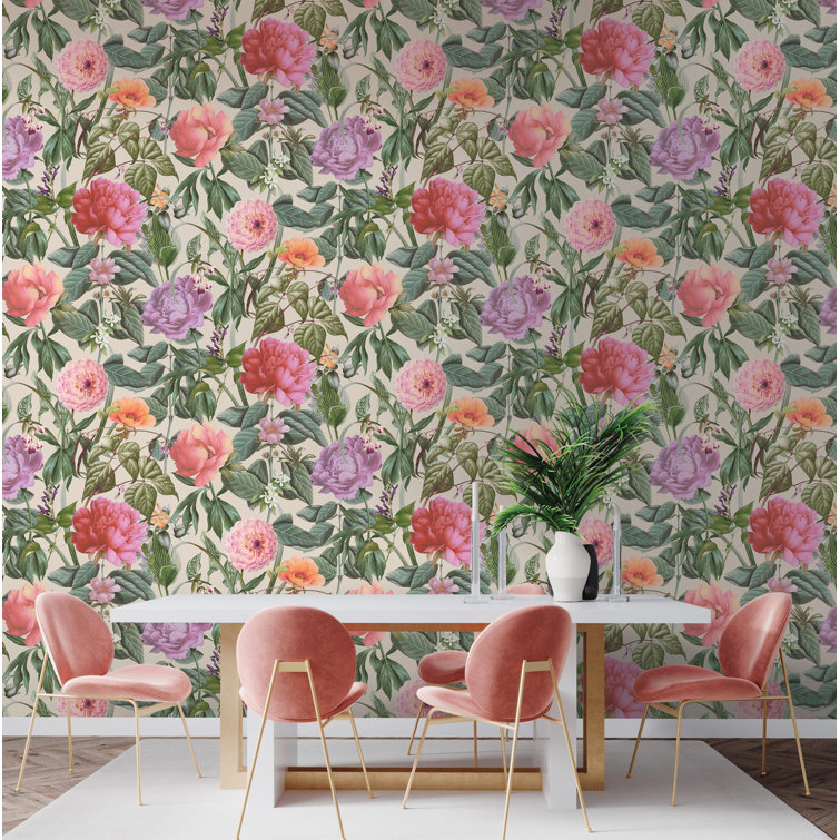 Floral Botanical Paradise Textured Wallpaper in White and Pink