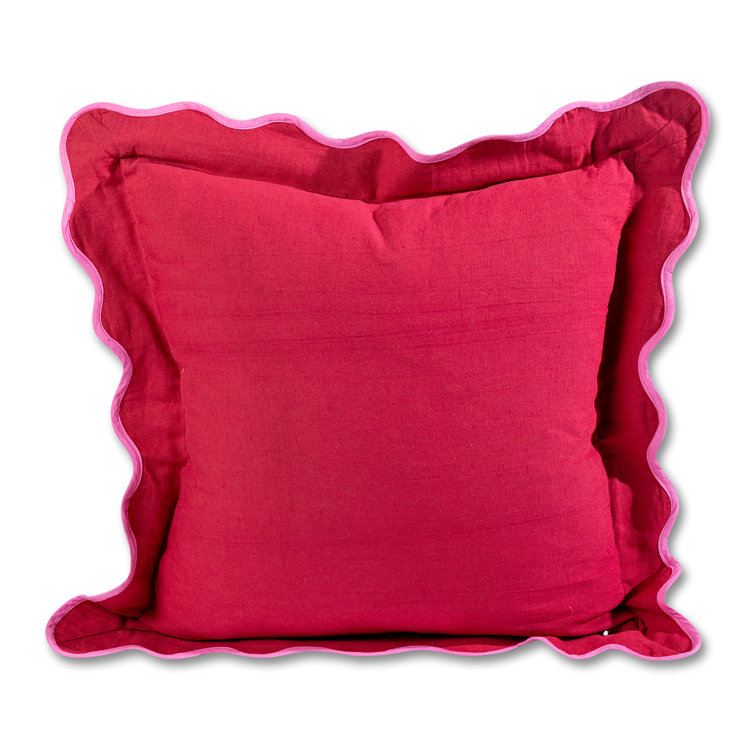 Darcy Wine and Neon Pink Scalloped Linen Throw Pillow