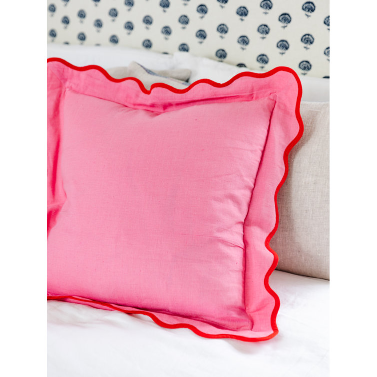 Light Pink and Cherry Scalloped Edge Cotton Throw Pillow