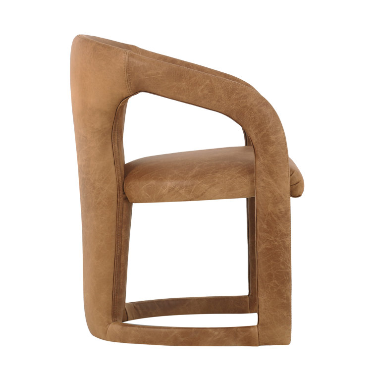 Low Brown Genuine Leather Arm Chair with Solid Wood Frame
