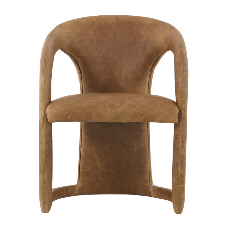Low Brown Genuine Leather Arm Chair with Solid Wood Frame