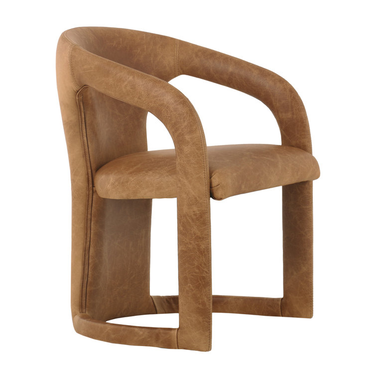 Low Brown Genuine Leather Arm Chair with Solid Wood Frame
