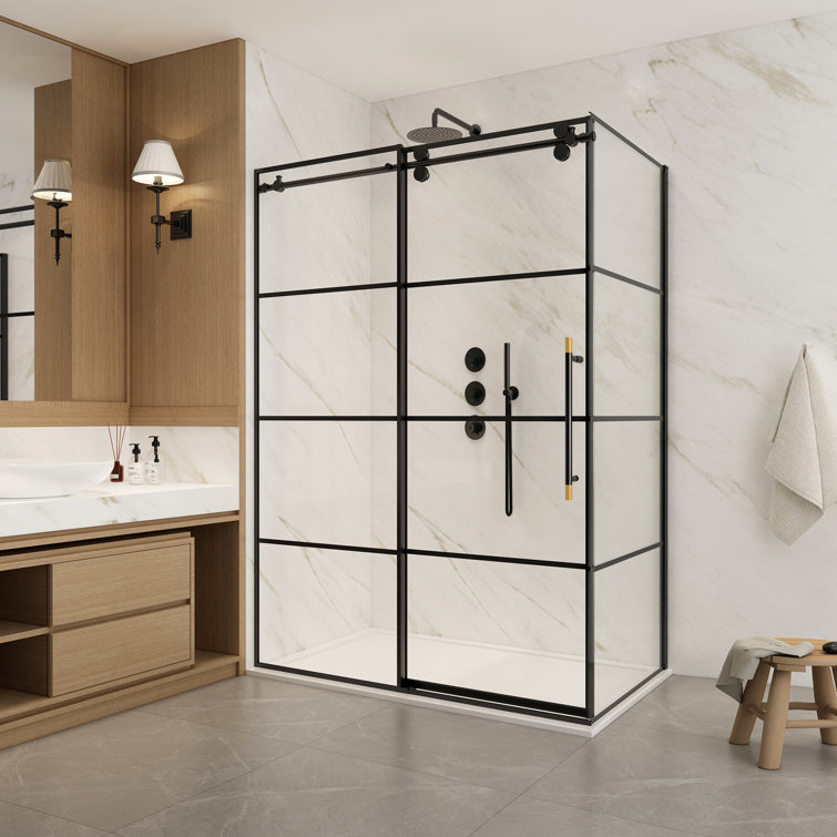 Losar 48'' Black Framed Rectangle Shower Enclosure with Sliding Door