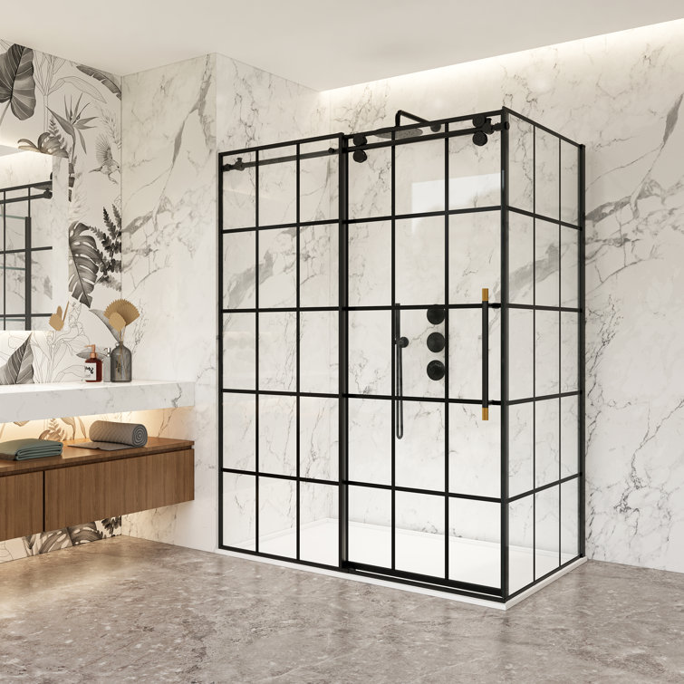 Puente 60'' Matte Black Framed Rectangle Shower Enclosure