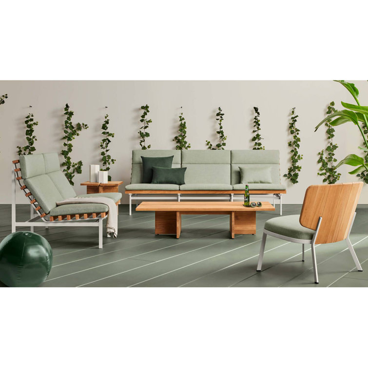 Charcoal Teak Three Seat Outdoor Sofa with Blue Cushions