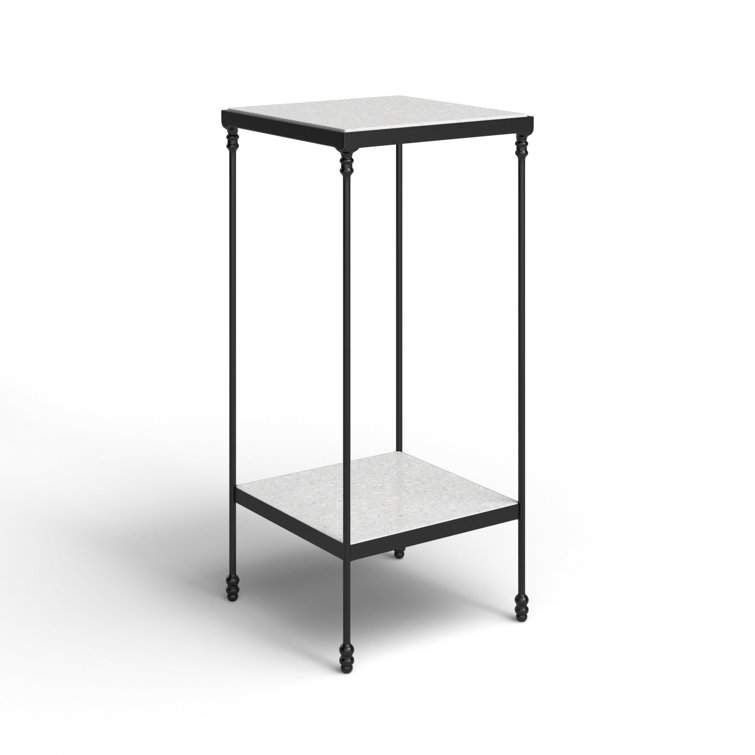 White Marble and Black Metal Square End Table with Shelf