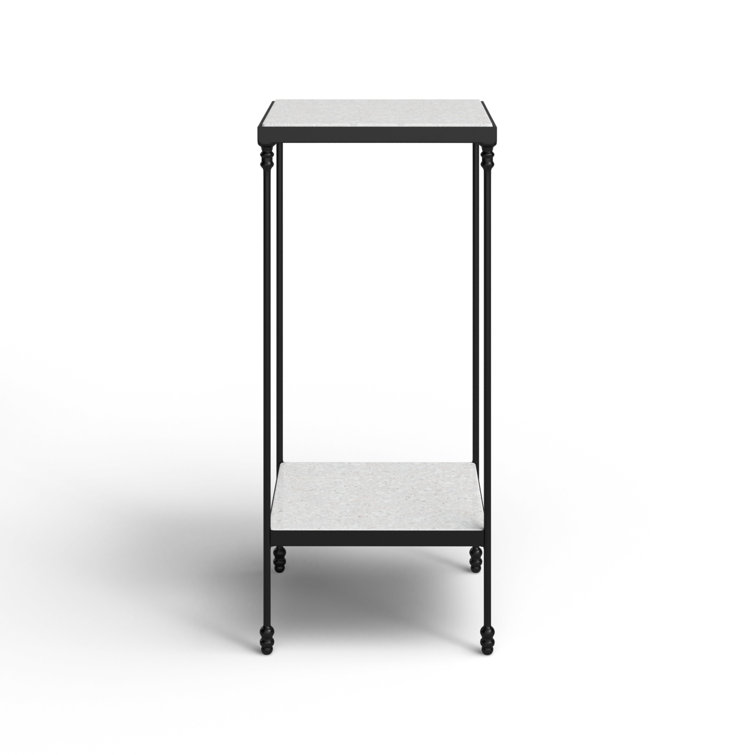White Marble and Black Metal Square End Table with Shelf
