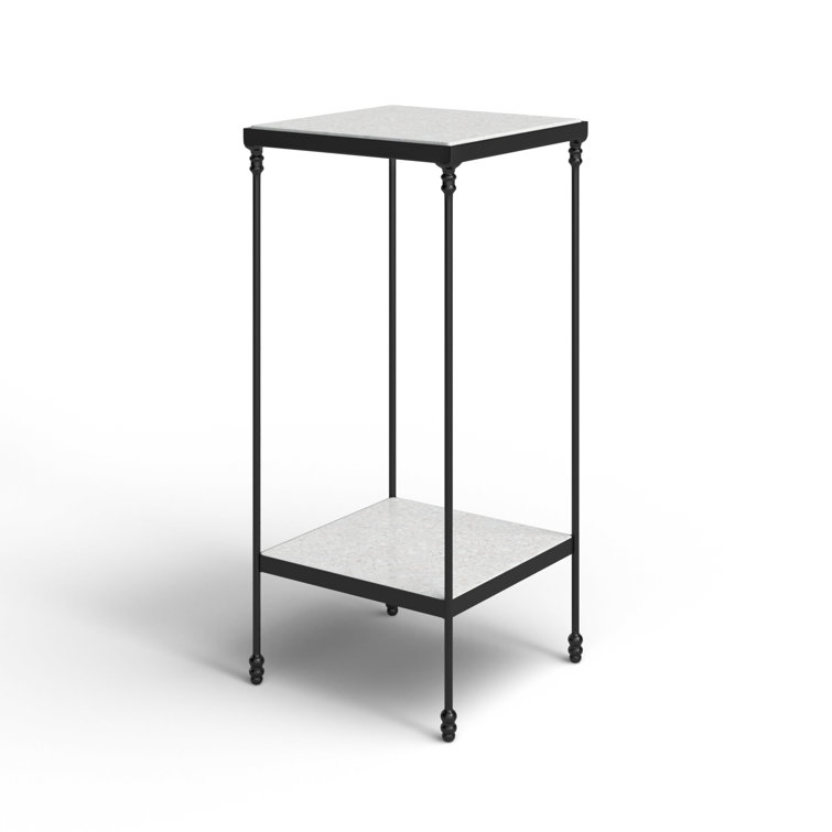 White Marble and Black Metal Square End Table with Shelf
