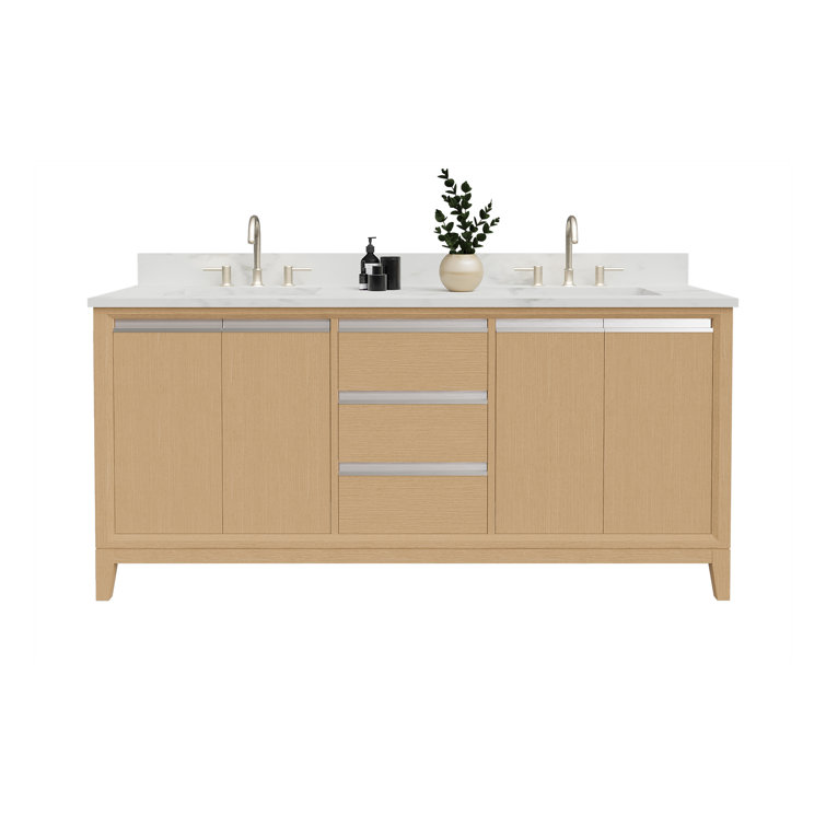72" Natural Oak Double Sink Bathroom Vanity with Marble Top