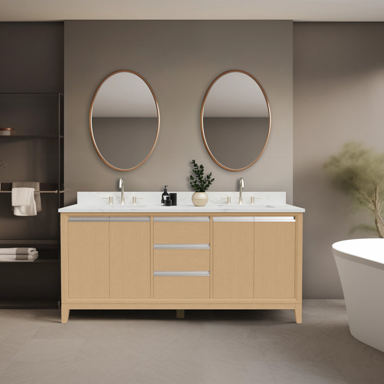 72" Natural Oak Double Sink Bathroom Vanity with Marble Top