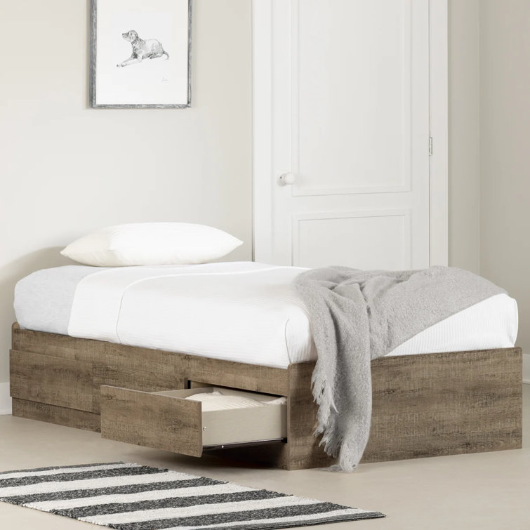 Weathered Oak Twin Platform Bed with 3 Storage Drawers