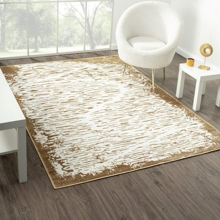 Gold and White Abstract Pattern Synthetic Area Rug, 4' x 5'
