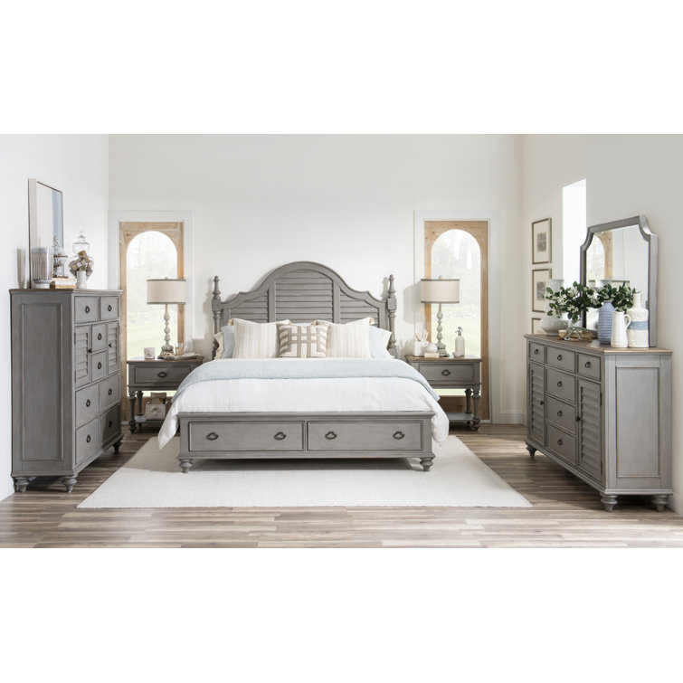 King Gray and Brown Wood Poster Bed with Storage