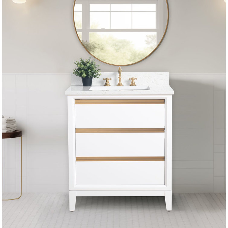 White Poplar Wood Single Bathroom Vanity with Marble Top