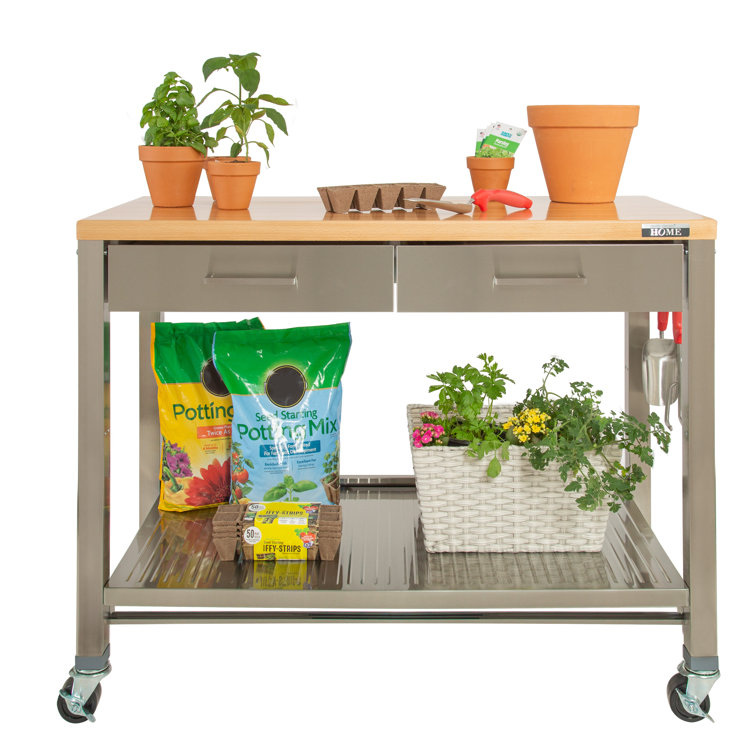 48'' Stainless Steel Kitchen Cart with Solid Wood Top