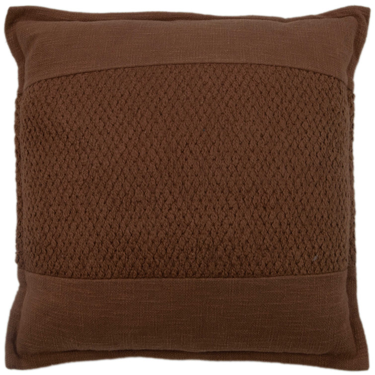 Brown Cotton Slub Fringed Square Throw Pillow