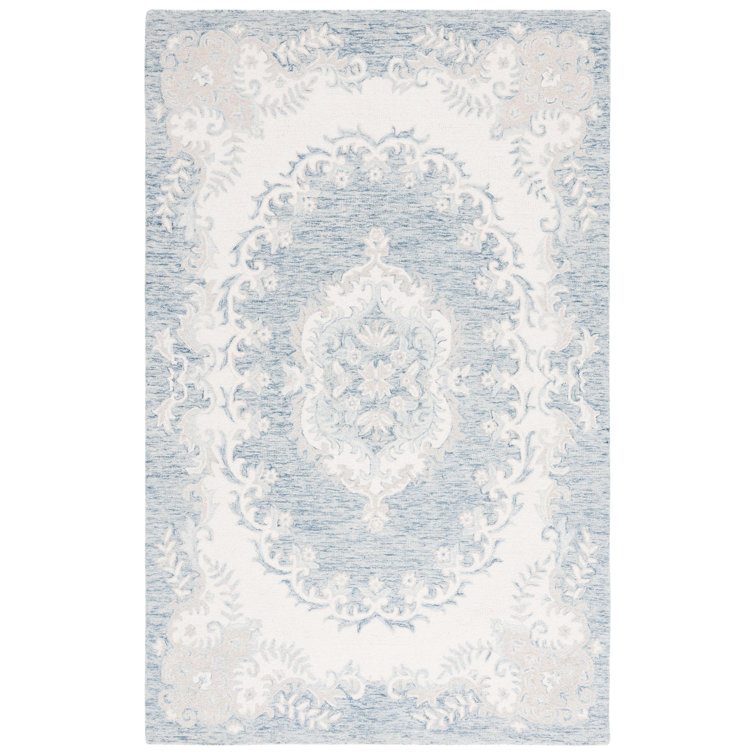 Ivory and Blue Handmade Wool Tufted 4' x 6' Rug