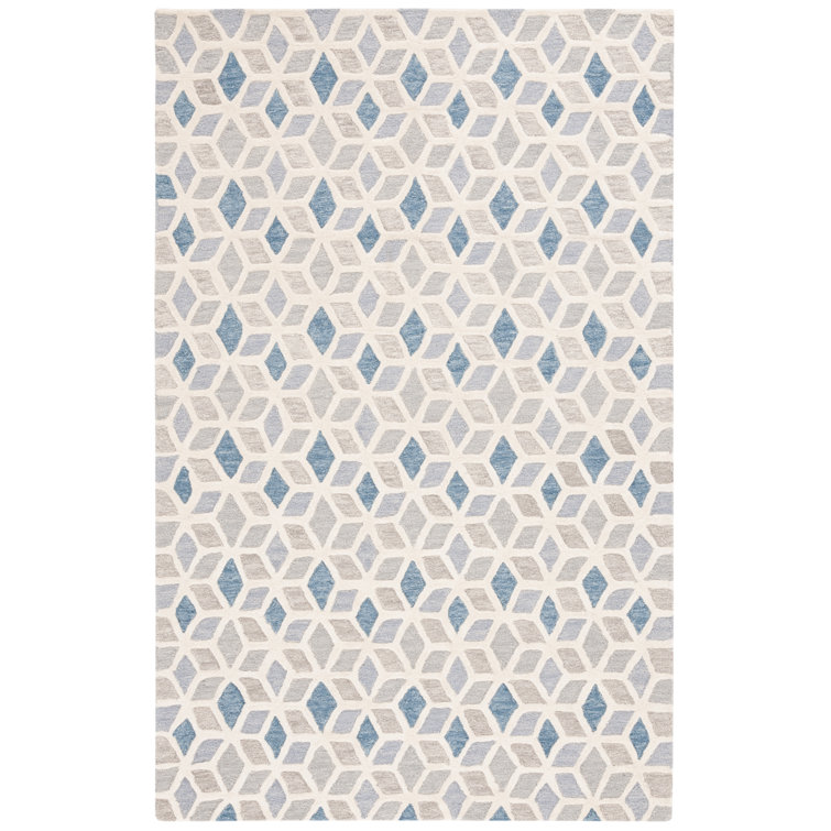 Ivory and Blue Hand-Tufted Wool Geometric Rug, 3' x 5'