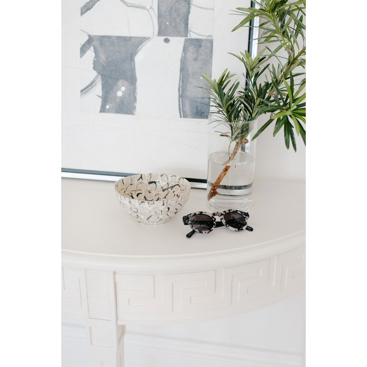 Athena Ivory Mango Wood Demilune Console Table with Greek Key Detail